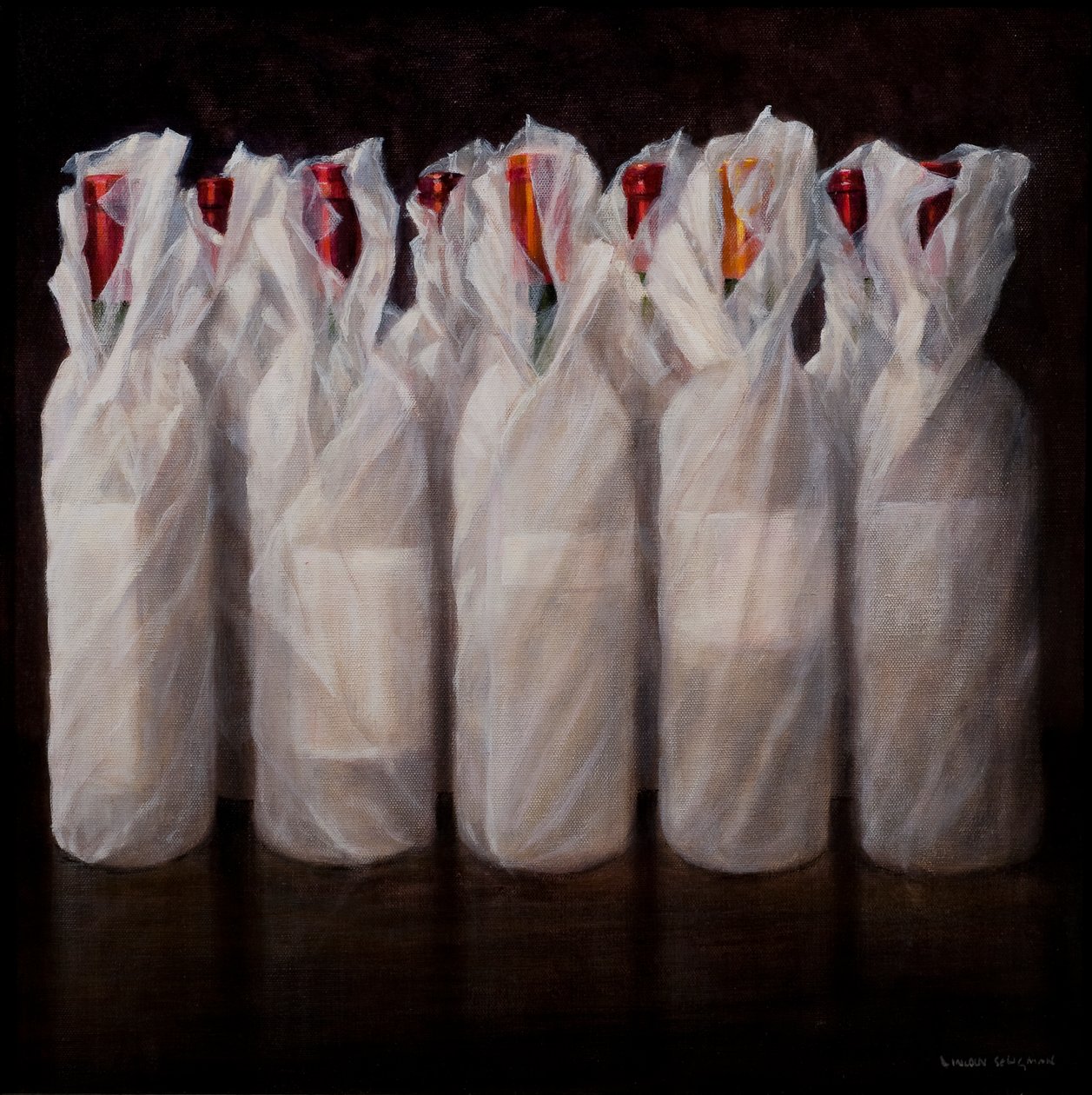 Becsomagolt borosüvegek, 2010 (akril, vászon) alkotó: Lincoln Seligman
