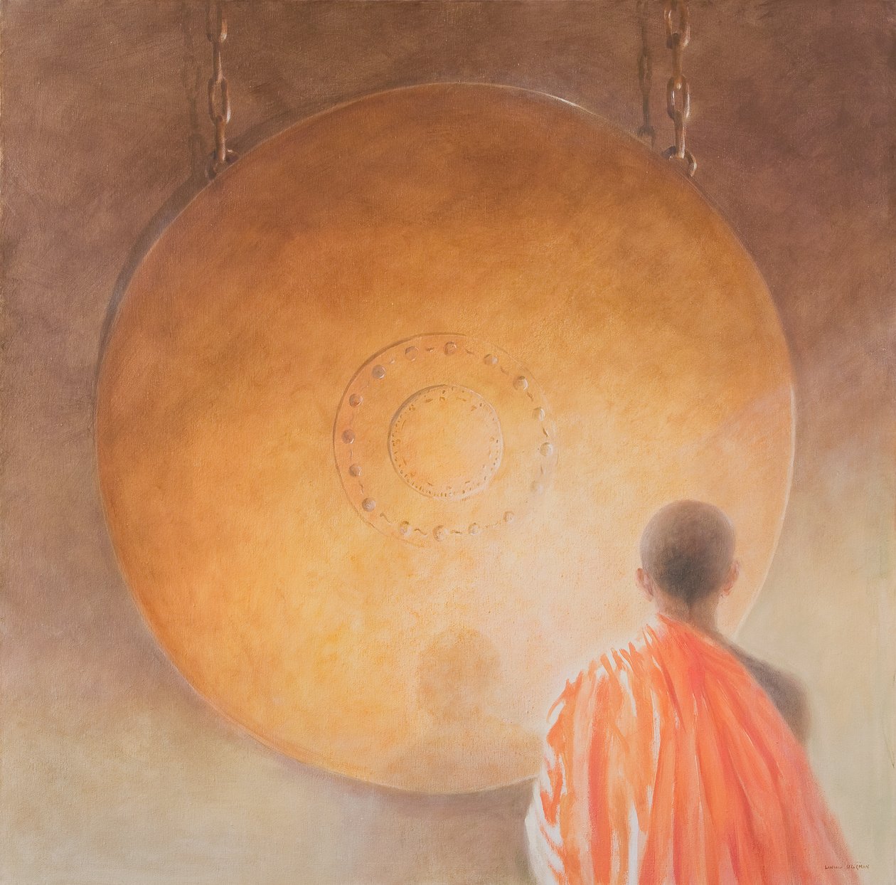 Fiatal buddhista szerzetes és gong, Bhután, 2010 (akril, vászon) alkotó: Lincoln Seligman