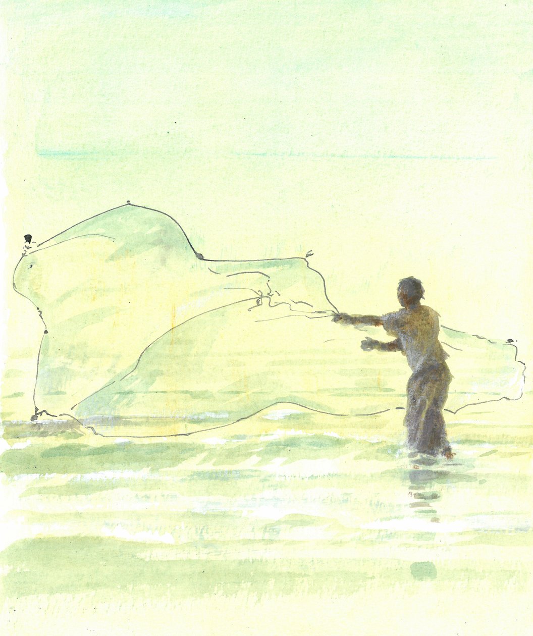 Lone Fisherman 2, 2015 (toll és tinta WC-vel, papíron) alkotó: Lincoln Seligman