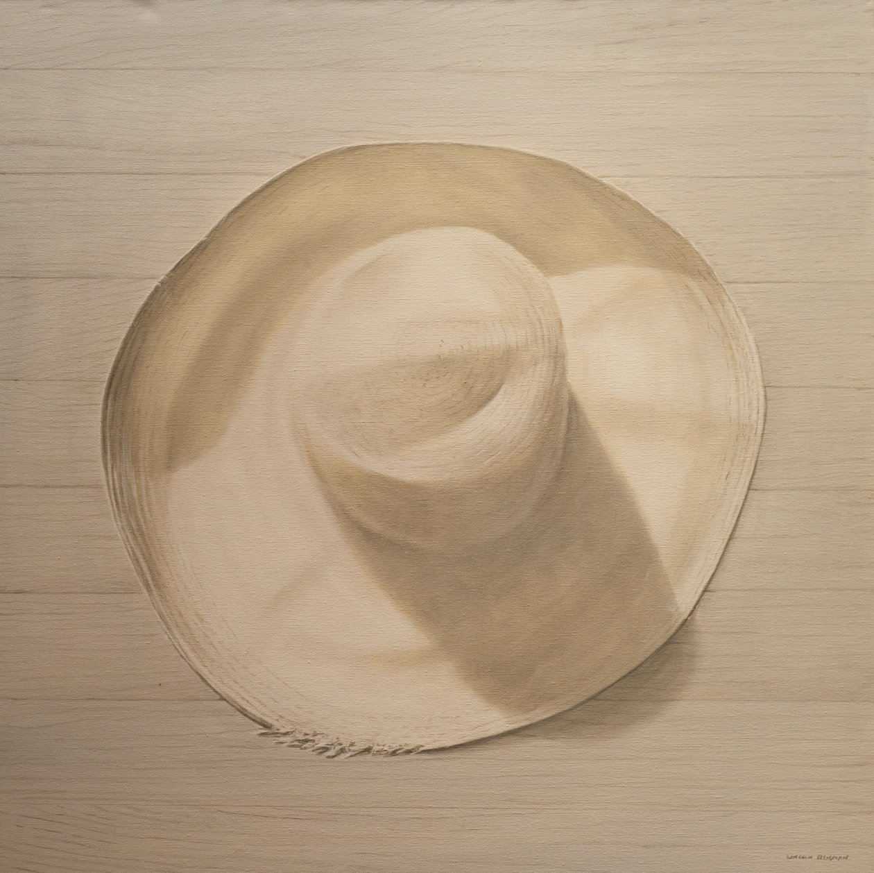 Utazó kalap poros asztalon, 2010 (akril, vászon) alkotó: Lincoln Seligman
