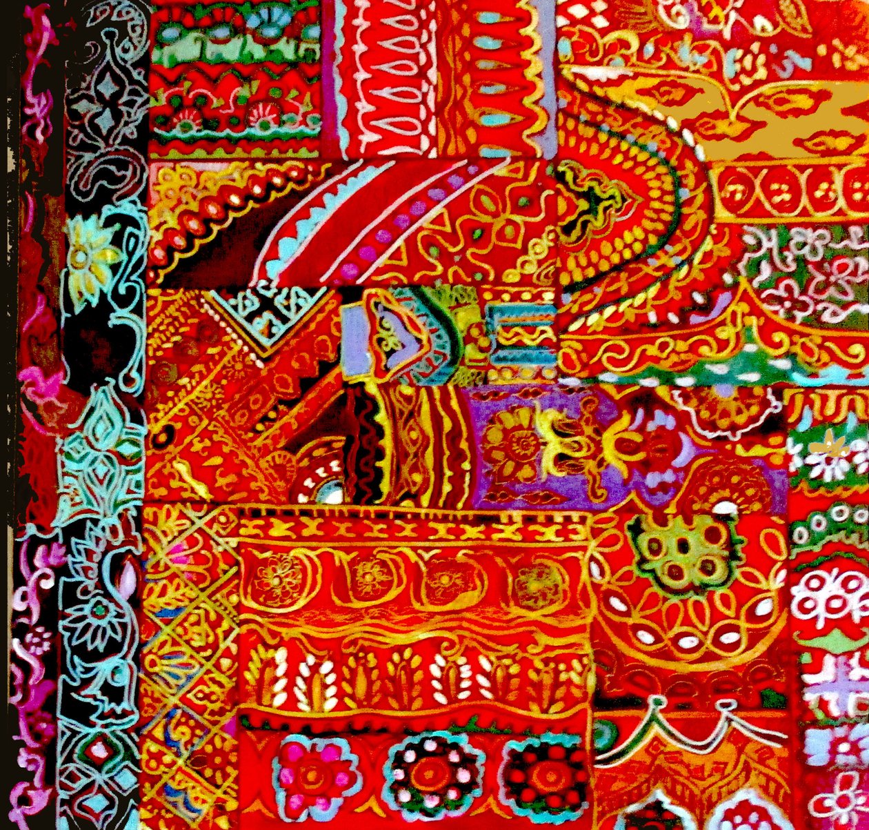 Indiai hímzés, 2017 (vászon színes, részletes, etnikai, sree, virágos, India) alkotó: linda arthurs