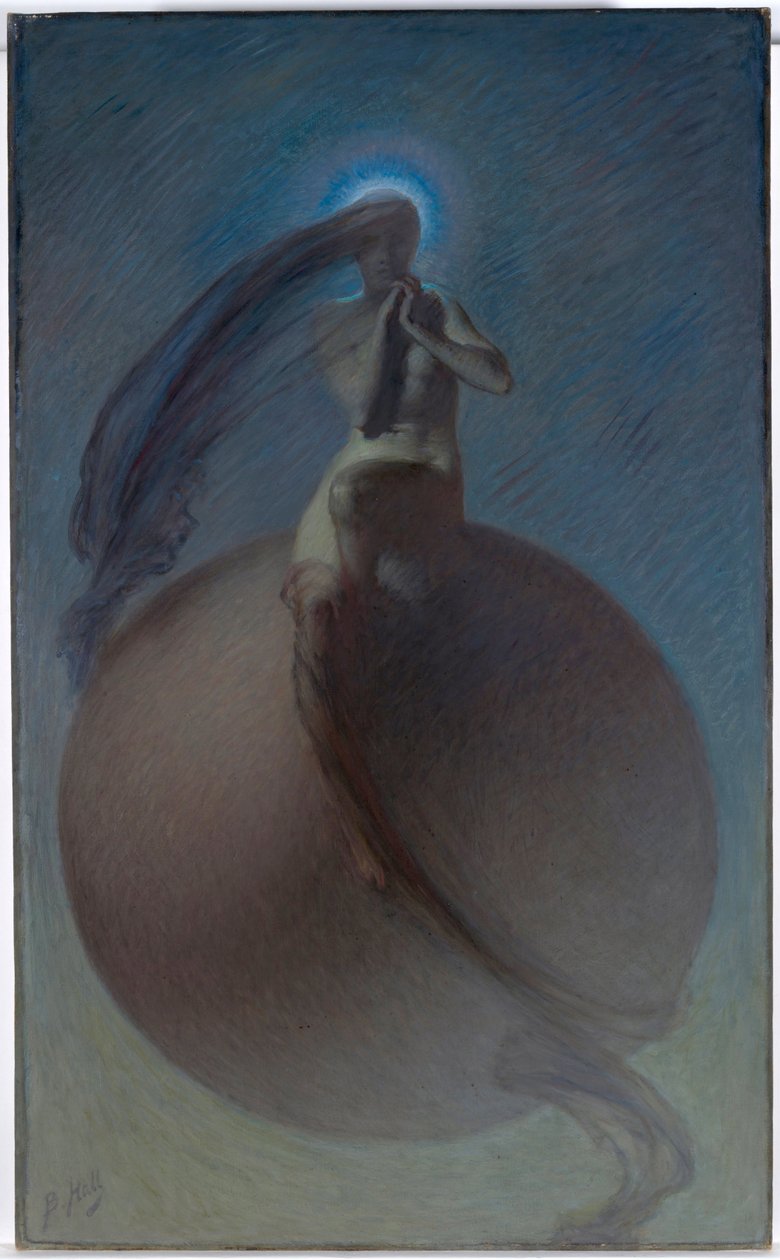 ""La quete"" (A küldetés) Álomszerű ábrázolás, női sziluett egy földgömbön - Lindsay Bernard Hall (1859-1935) festménye 1905 körül - Olaj, vászon Mérete 154x94,5 cm Ausztrál Nemzeti Galéria, Canberra alkotó: Lindsay Bernard Hall