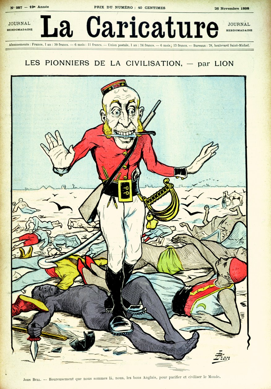 A civilizáció úttörői, John Bull, aki békét és civilizációt hoz a világnak, a "La Caricature" magazin címlapja, 1898. november 26. alkotó: Lion
