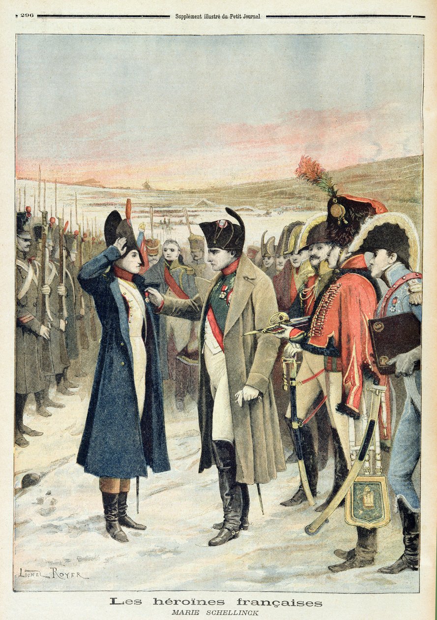 Bonaparte Napóleon (1769-1821) a tisztnőnek, Marie Schellincknek kitüntetést adományoz a csatatéren, illusztráció a „Le Petit Journal”-ból, 1894. szeptember alkotó: Lionel Noel Royer