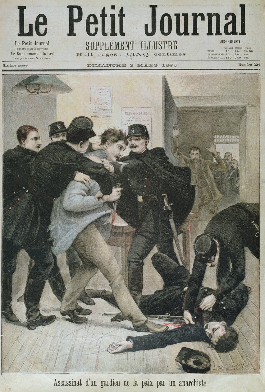 Anarchista meggyilkolt egy rendőrt, a „Le Petit Journal” címlapillusztrációja, 1895. március 3. alkotó: Lionel Royer