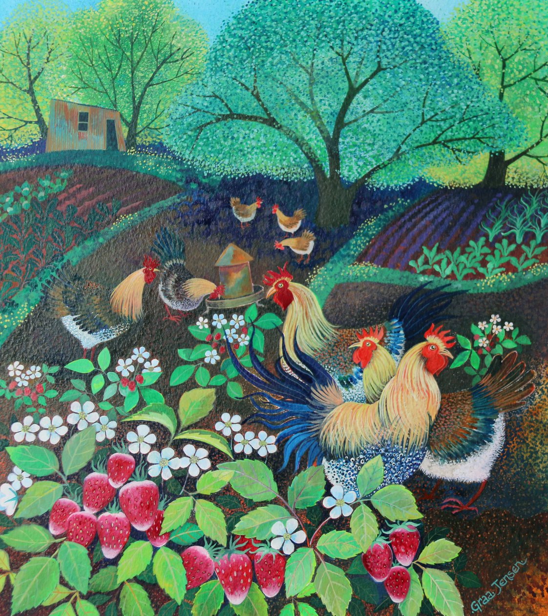 Tyúkparti, 2016, (akrilfesték papíron) alkotó: Lisa Graa Jensen