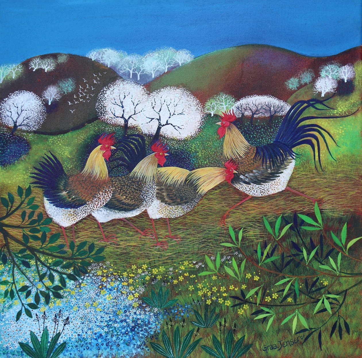 Rollicking Roosters, 2024 (akril, vászon) alkotó: Lisa Graa Jensen