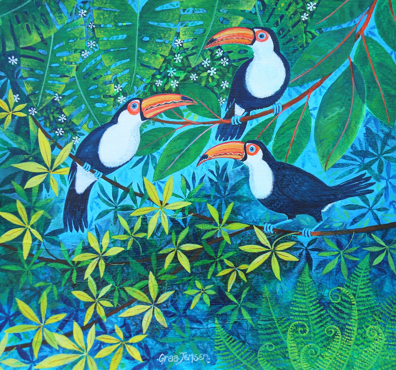 Toucan Threesome, 2024 (akril, vászon) alkotó: Lisa Graa Jensen