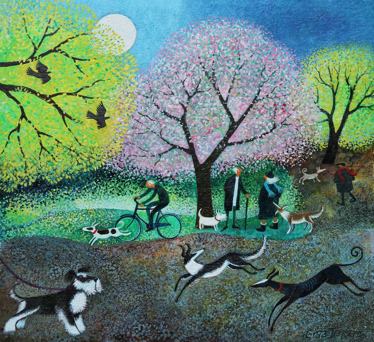 Wellie Road Dog Walkers, 2021 (akril, vászon) alkotó: Lisa Graa Jensen
