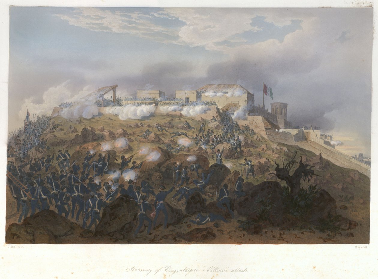 Chapultepec vihara-Párna támadása (1847. szeptember 13.) a mexikói-amerikai háborúban. alkotó: Lithograph by Adolphe Jean Baptiste Bayot
