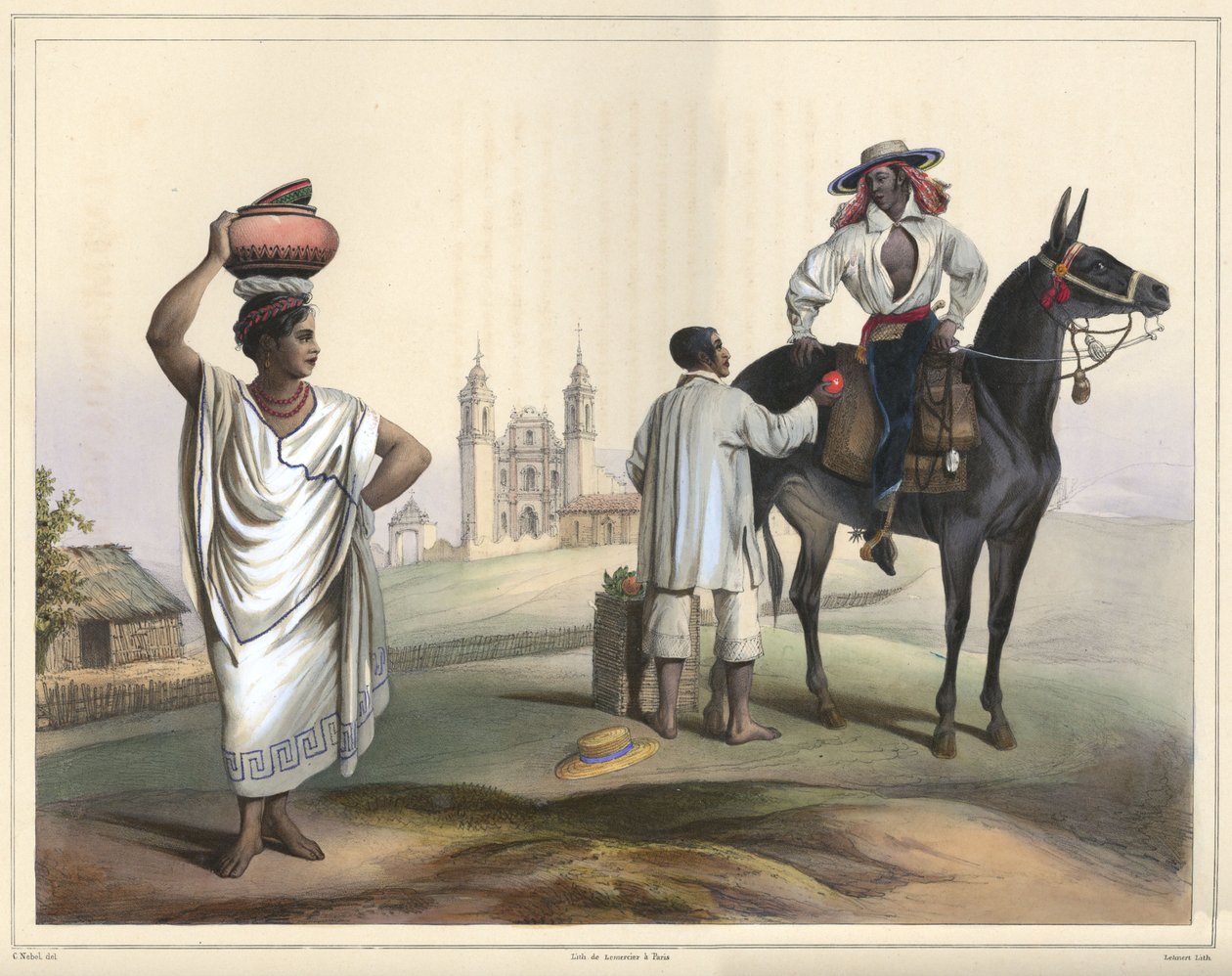 Gente de Tierra Caliente entre Papantla y Misantla. Jelmez csoport. Kézi színű litográfia, gumiarábikummal kiemelve. Eredeti méret (tiszta sorok) alkotó: Lithograph by Pierre Frédéric Lehnert