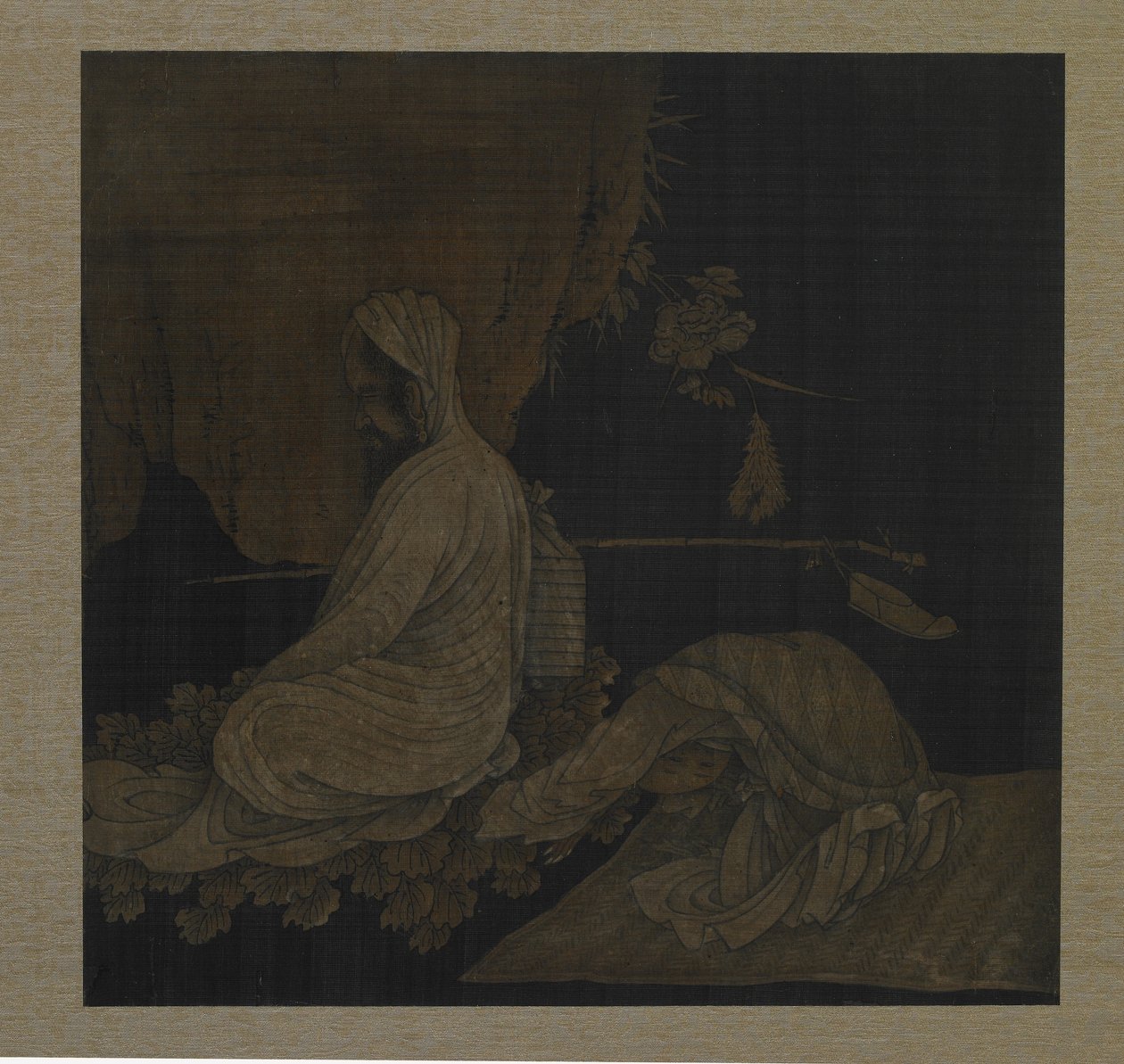Bodhidharma meditál, leborult kísérővel, Csing-dinasztia, 1708 körül, tinta és színes, selyem, 1708 körül. alkotó: Liu Hualiang