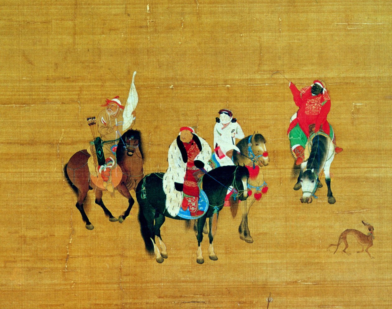 Kublai kán (1214-94) Vadászat, Jüan-dinasztia (tus és színes, selyem) (részlet) alkotó: Liu Kuan tao
