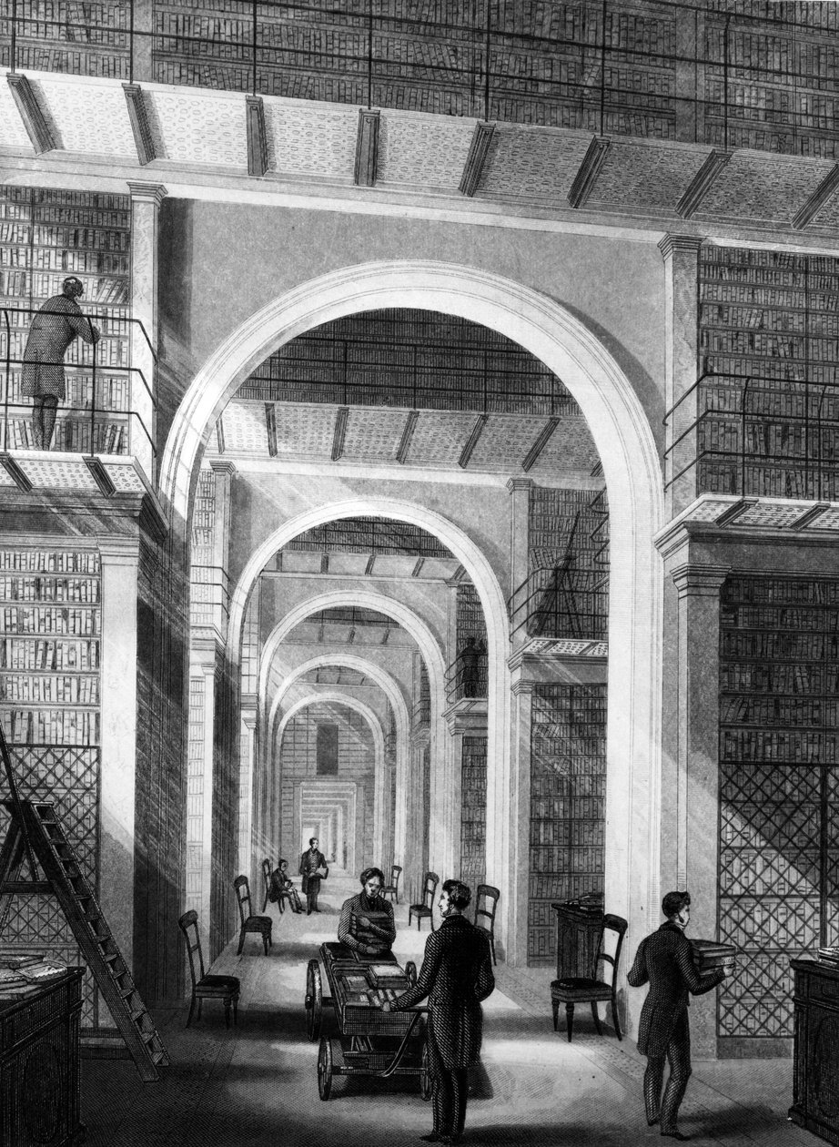 British Museum – Kiegészítő könyvtár, E. Radclyffe metszete, megjelent a „London Interiors”-ben, 1841 alkotó: Llewellyn Jewitt