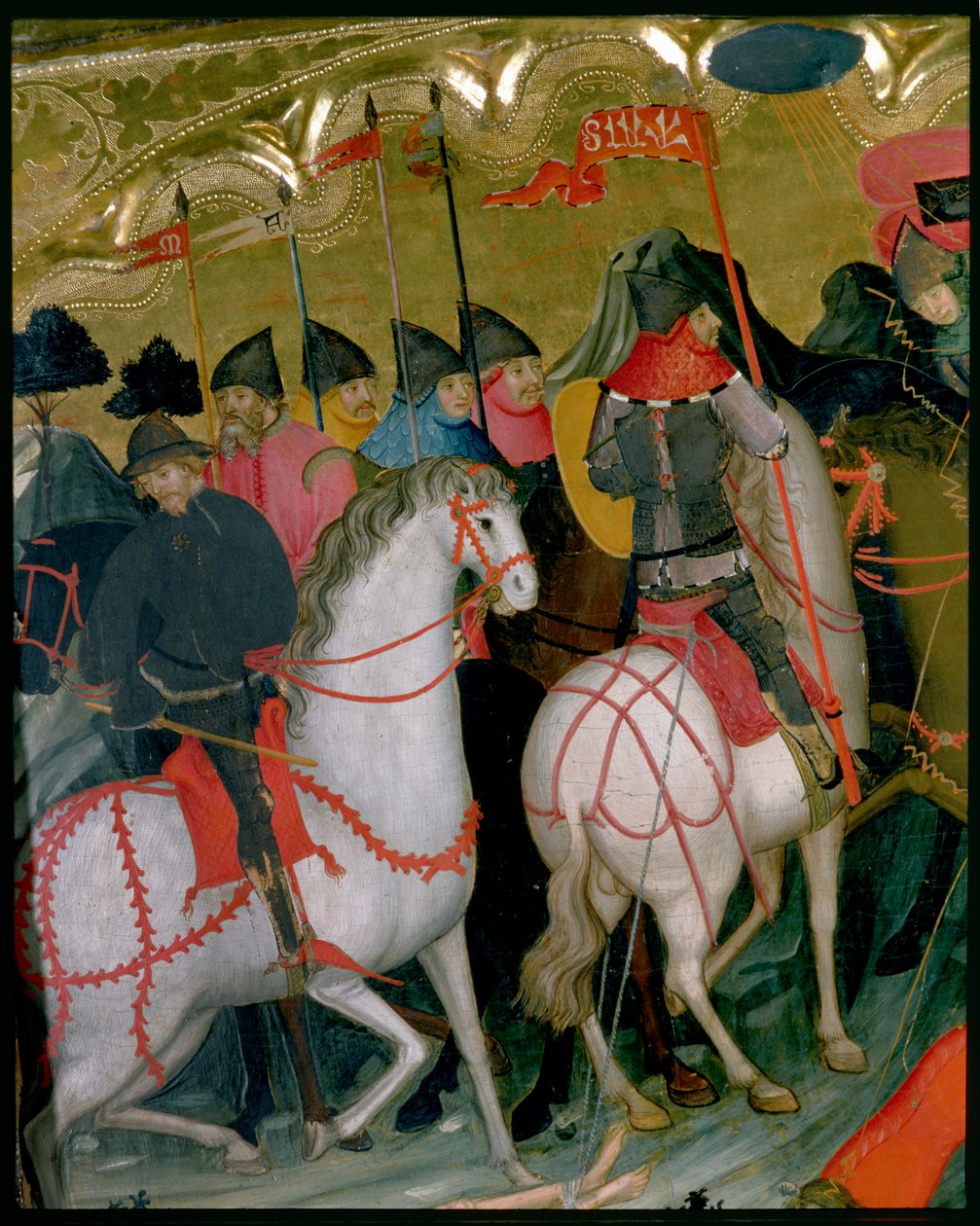 Lovas katonák, részlet a Szűz és Szent György oltárképről, 1390-1400 körül (tempera a táblán) alkotó: Lluís Borrassà