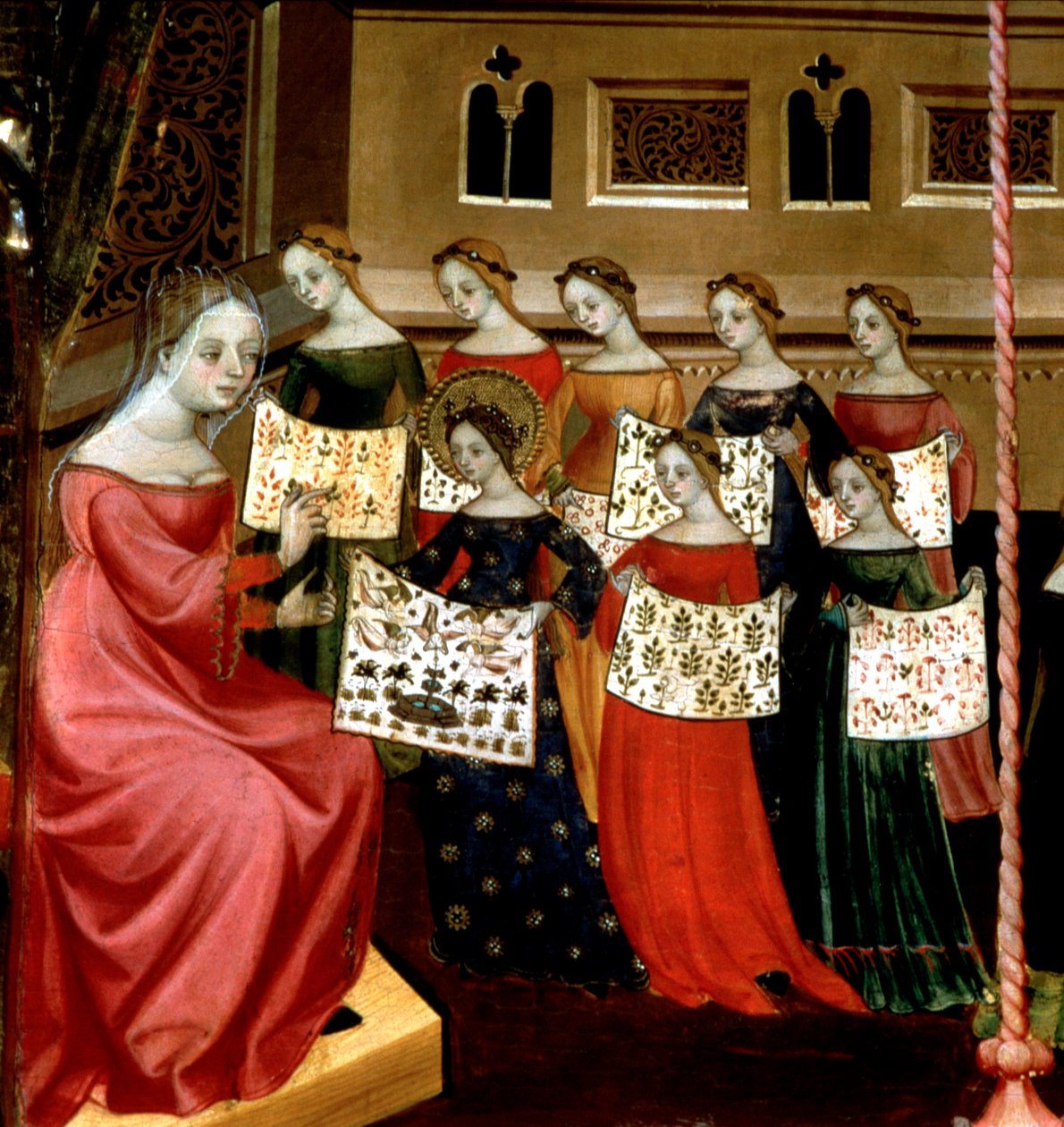 Szűz Mária osztálytársaival, akik kézimunka-mintákat mutatnak tanáruknak, részlet a Szűz és Szent György oltárból, 1390-1400 körül (tempera a táblán) alkotó: Lluís Borrassà