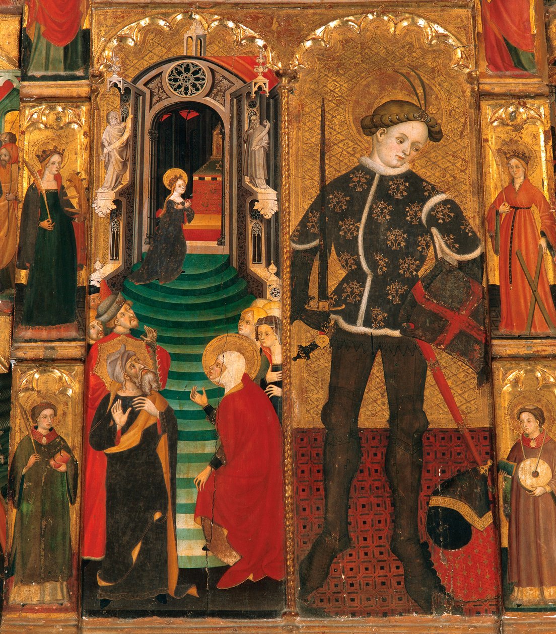 Gótikus korszak. A Szűzanya és Szent György oltárkép (Sant Jordi), Lluis Borrassa (1360-1426). Fafestmény. Barcelonában készült 1390-1400 között. Részlet, Mária bemutatása a templomban és Szent György (Sant Jordi / San Jorge) mint lovag. Conve alkotó: Lluís Borrassà