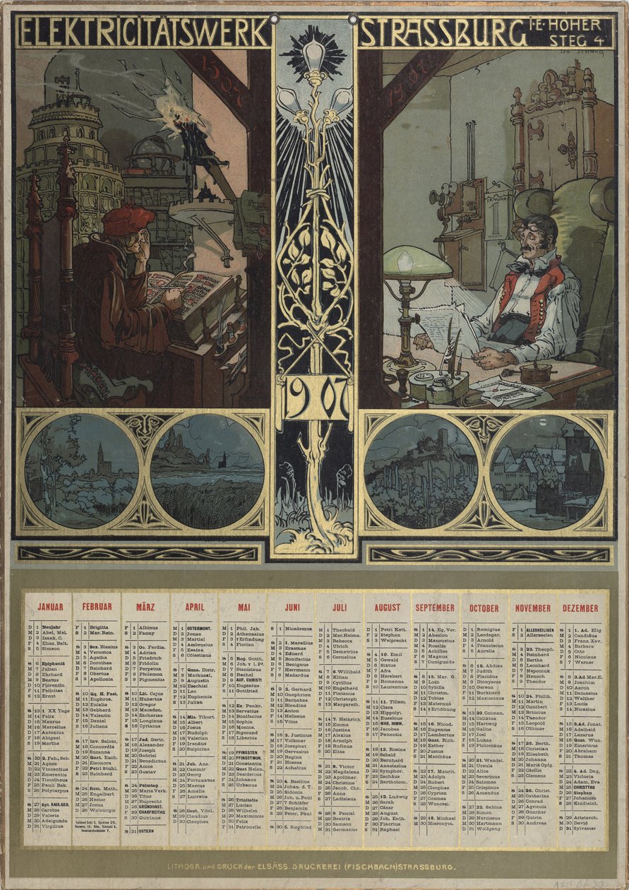 Villamoserőmű Strasbourg. Naptár az 1907-es, 1906-os évre. alkotó: Léo Schnug