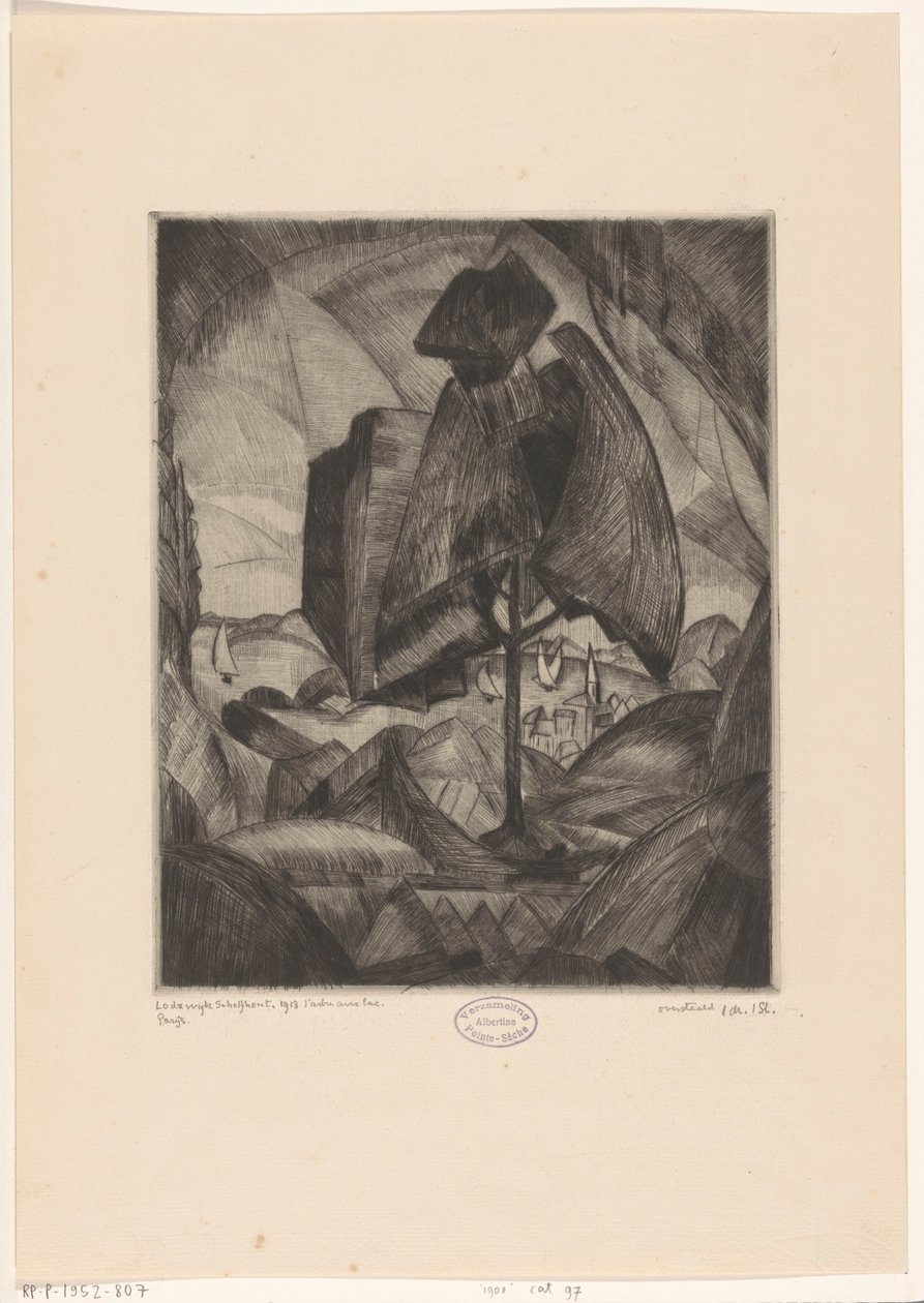 Boom in een heuvellandschap met meer A fa a tó mellett (eredeti cím) A fa tóval (cím a tárgyon) alkotó: Lodewijk Schelfhout (signed by artist)