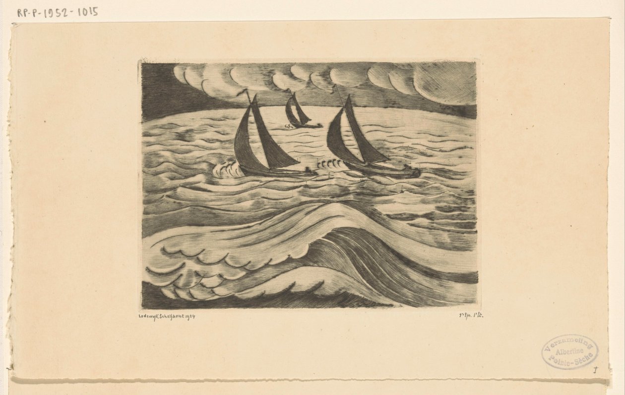Három vitorlás hajó viharban a tengeren La Tempete (eredeti cím) alkotó: Lodewijk Schelfhout (signed by artist)
