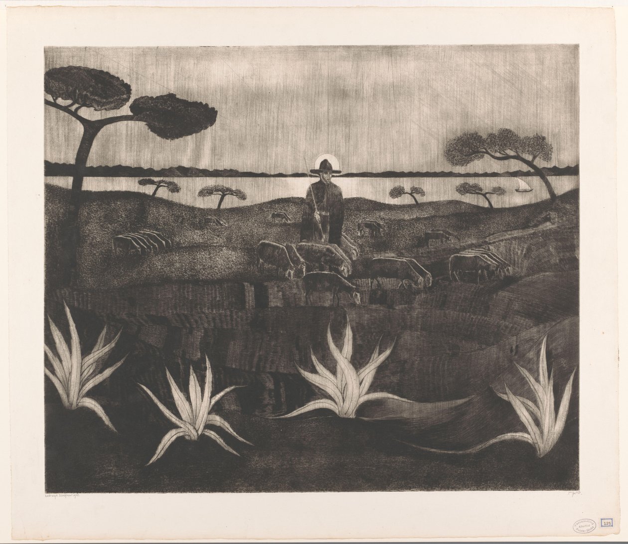 Juhász juhnyájjal dombos tájon Le Troupeau (eredeti cím) alkotó: Lodewijk Schelfhout (signed by artist)