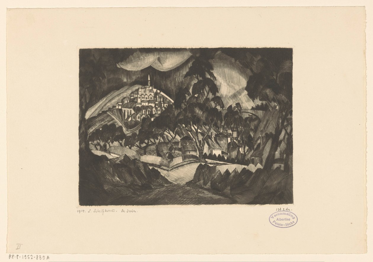 Dombos táj fákkal és épületekkel Le Soir (eredeti cím az objektumon) alkotó: Lodewijk Schelfhout (signed by artist)