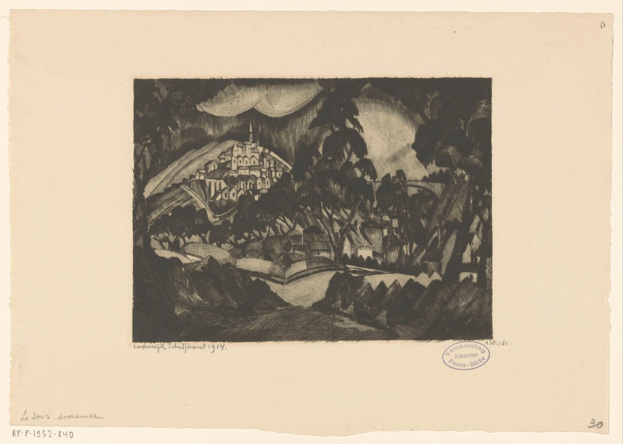 Dombos táj fákkal és épületekkel Le Soir (eredeti cím az objektumon) alkotó: Lodewijk Schelfhout (signed by artist)