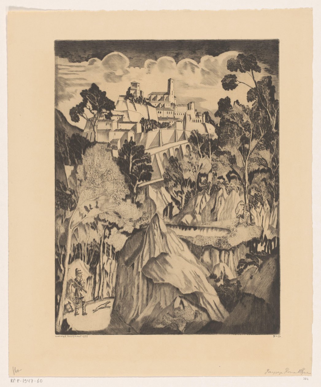 Dombos táj, vadász Paysage romantic (eredeti cím) alkotó: Lodewijk Schelfhout (signed by artist)