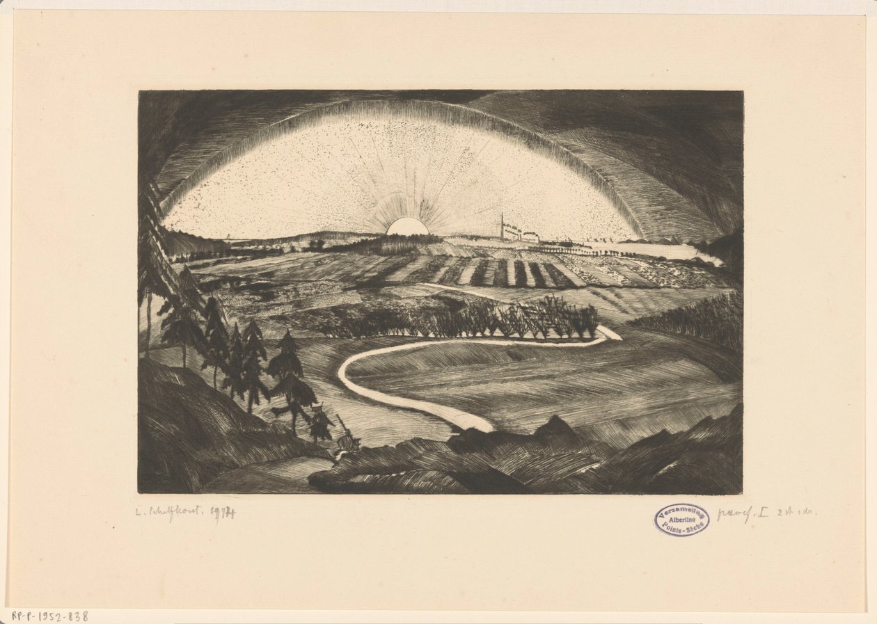 Felkelő vagy lenyugvó nap dombos táj felett La Bruyere (eredeti cím a tárgyon) alkotó: Lodewijk Schelfhout (signed by artist)