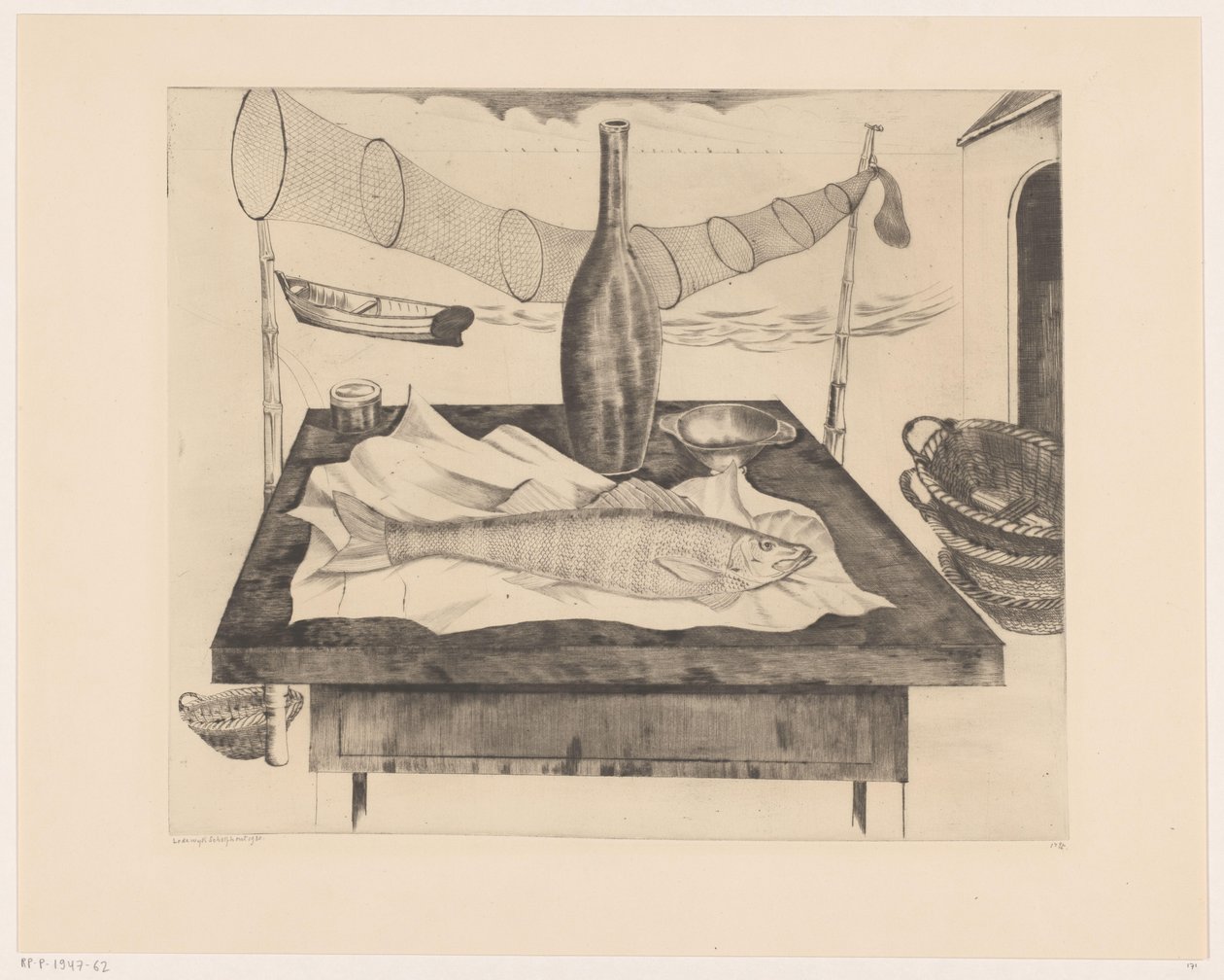Csendélet hallal, palackkal és halászhálóval Après la pêche (eredeti cím) alkotó: Lodewijk Schelfhout (signed by artist)