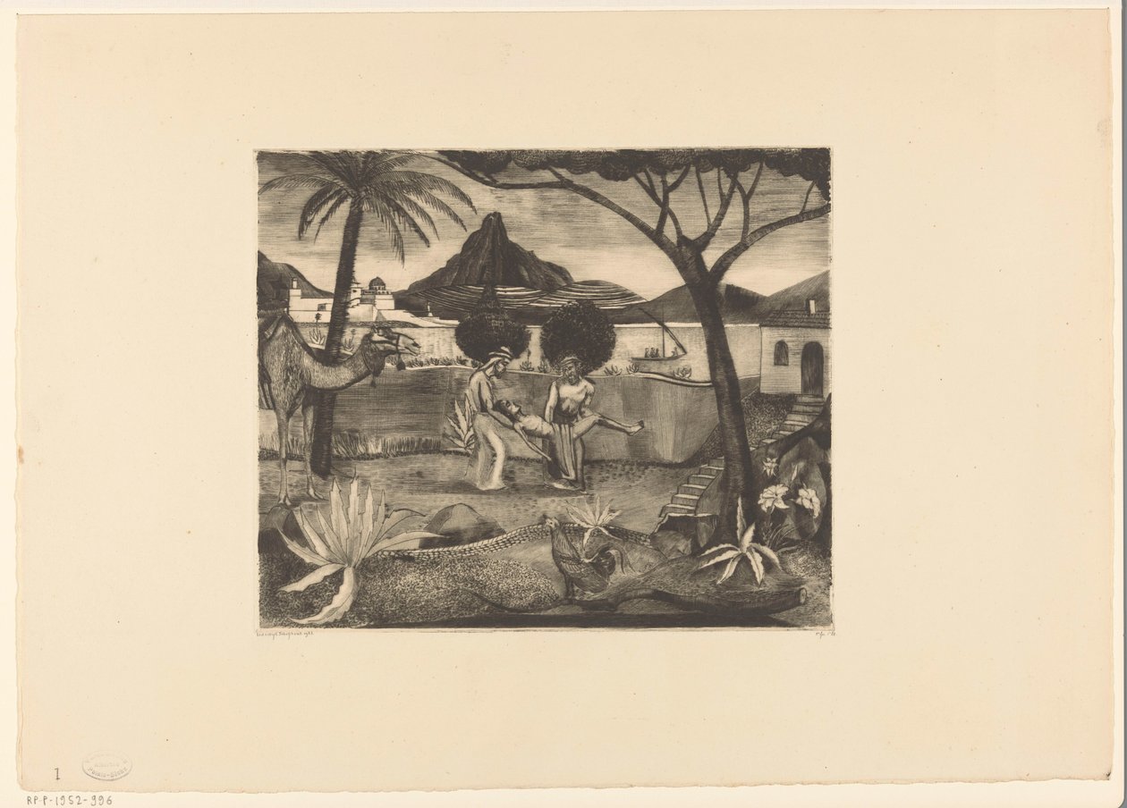 Két férfi egy férfit cipel a kertben alkotó: Lodewijk Schelfhout (signed by artist)