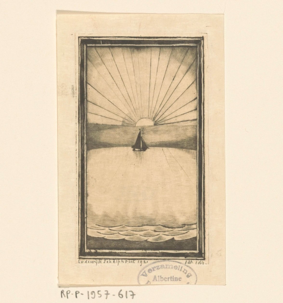 Vitorlás hajó a tengeren kelő vagy lenyugvó napkor alkotó: Lodewijk Schelfhout (signed by artist)