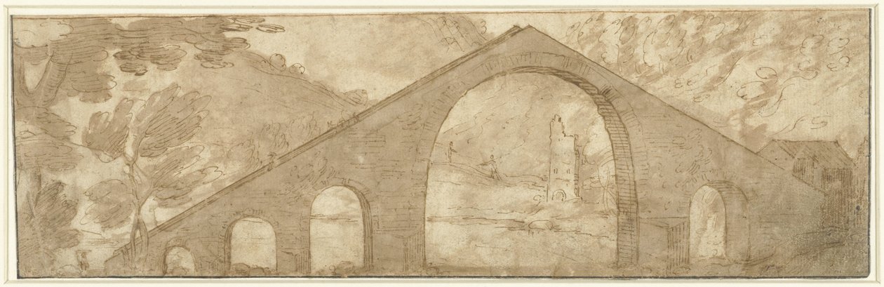 Meredek híd a tájon alkotó: Lodewijk Toeput (attributed to)