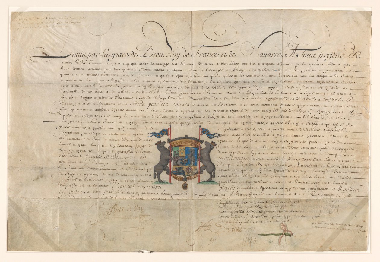 Oklevél, amellyel XIV. Lajos Cornelis Lampsinst Tobago bárójává és a Szent Michel rend lovagjává emelte alkotó: Lodewijk XIV (koning van Frankrijk) (signed by artist)