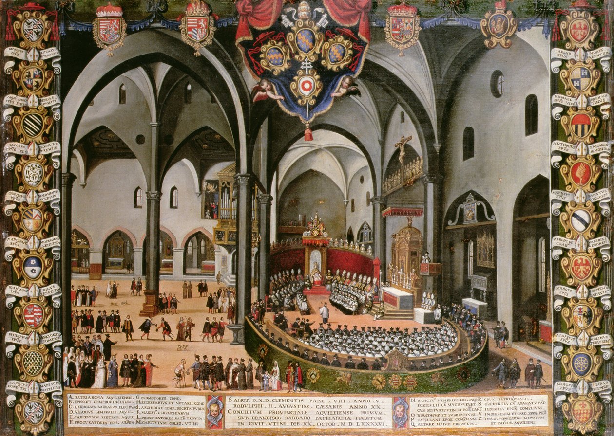 Orgonaajtó, amely az 1596-os aquileiai zsinatot ábrázolja Udinében alkotó: Lodovico Pozzerrato