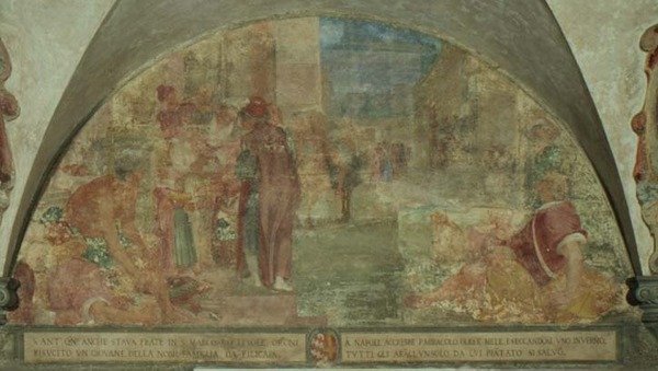 Szent Antoninus feltámasztja a Filicaia család fiatalját a halálból (freskó) alkotó: Lodovico Buti