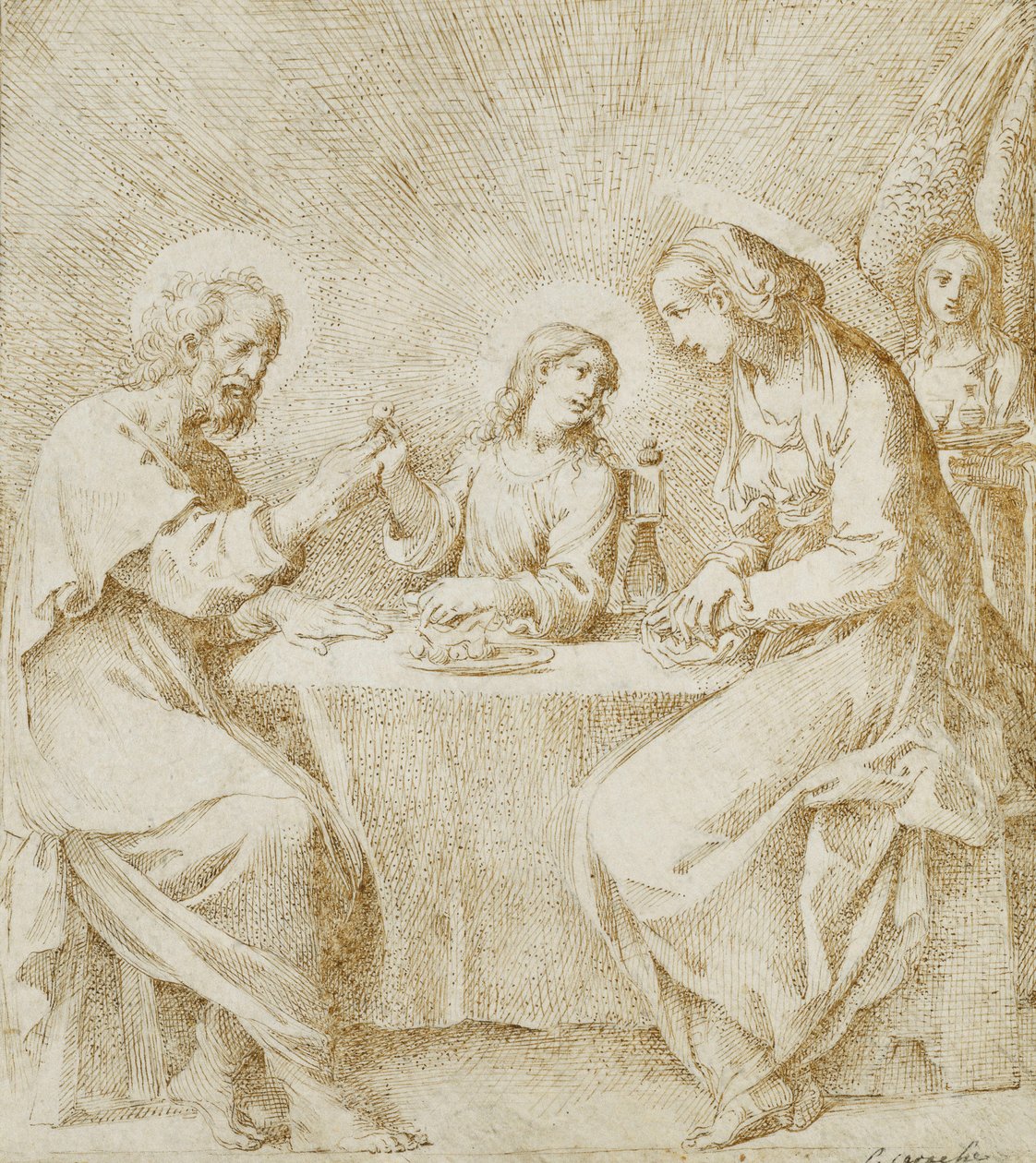 A csecsemő Krisztus, a Szűz és Szent József egy angyal által ültetett asztalnál, alkotó: Lodovico Carracci
