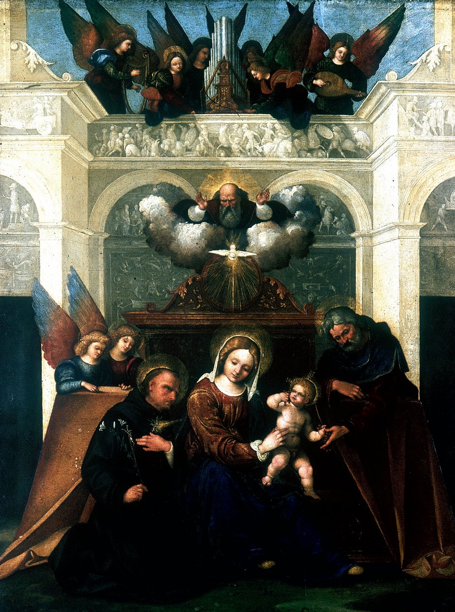 "Szent család Tolentinoi Szent Miklóssal", 1515-1530 alkotó: Lodovico Mazzolini