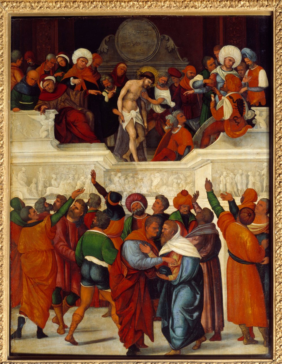Ecce gay (Itt a férfi) (Poncius Pilátus (Pontius Pilatius) kifejezést használta János evangéliumának Vulgatájának (19:5) fordításában, amikor Jézust a megvert tömegnek és töviskoronának mutatja be). Ludovico Mazzolino fafestménye (kb. 1480 körül alkotó: Lodovico Mazzolino