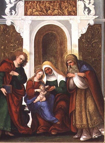 Madonna és gyermek SS -sel. Anne, János evangélista és Zakariás vagy Madonna és Cseresznye Szent Anna (panel) alkotó: Lodovico Mazzolino