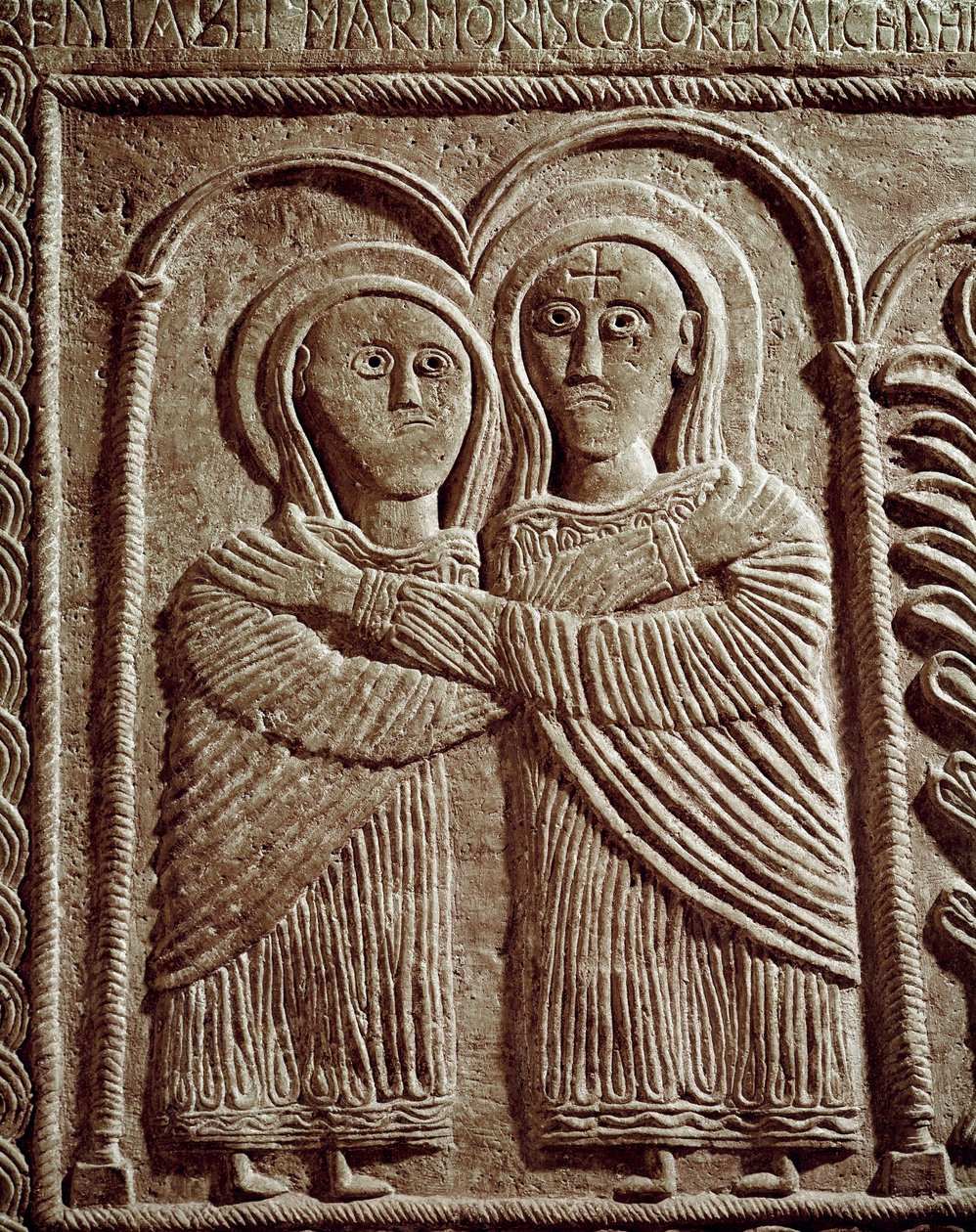 A középkor régészete (középkor). Lombardia barbár művészete: Látogatás, Szent Erzsébet és Szent Mária. Szobrászat, Lombard művészet, 737-744. Cividale del Friuli, Chretien Múzeum, a katedrális kincse alkotó: Lombard School