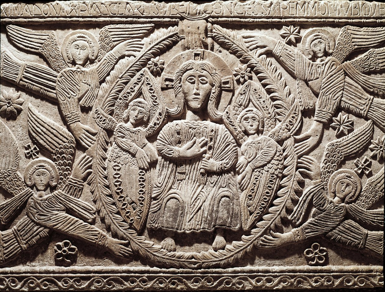 Lombard művészet: Krisztus a dicsőségben, alacsony dombormű Rachis herceg oltáráról (Ratchis vagy Ratgis) - Szobrászat, Lombard művészet, 737-744 (Dicsőséges Krisztust ábrázoló Ratchis-oltár domborműve) Cividale del Friuli, Chretien Múzeum, kincstárs a kat alkotó: Lombard School