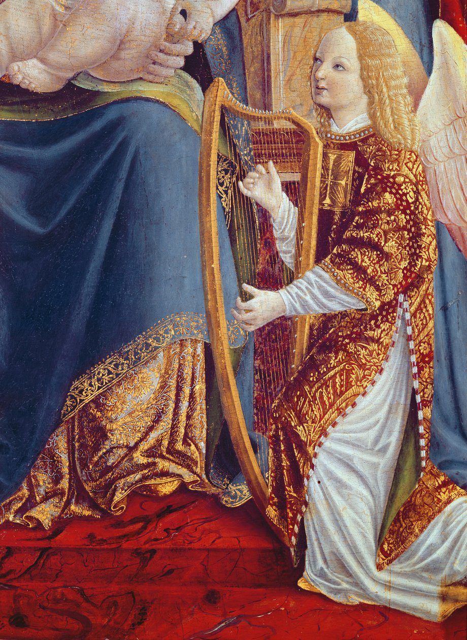 Madonna és gyermeke angyalzenészekkel, részlet a hárfán játszó angyal zenészről, 1490-1500 körül (tempera a panelen) alkotó: Lombard School