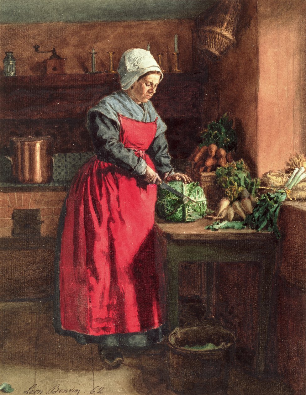 Főzni piros köténnyel, 1862 (wc, gouache, toll, tinta és grafit papíron) alkotó: Léon Bonvin