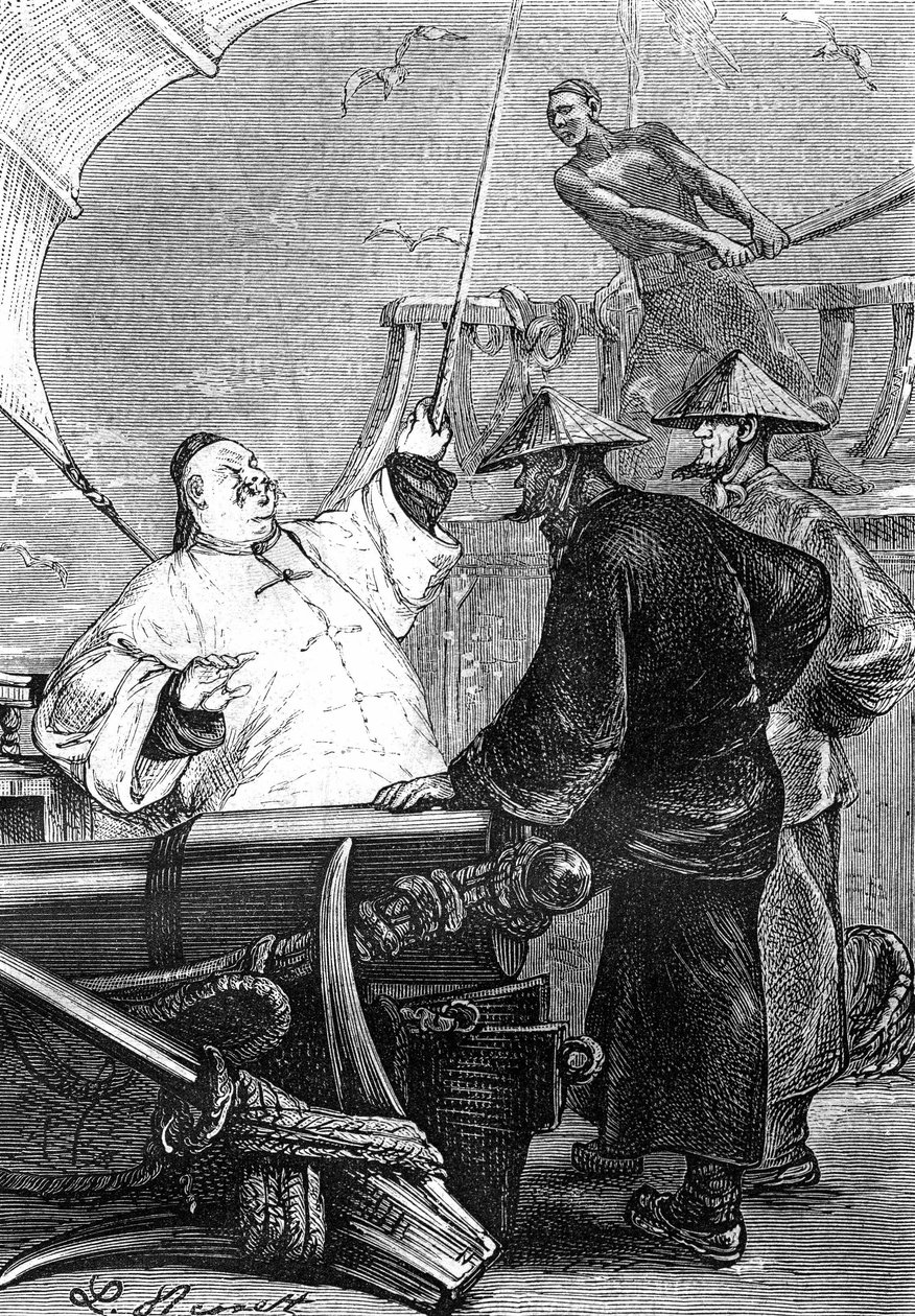 Leon Benett rajza Jules Verne "Egy kínai megpróbáltatásai Kínában" című könyvéből - Hetzel-kiadás / Rendkívüli utazások 1879. alkotó: Léon Benett