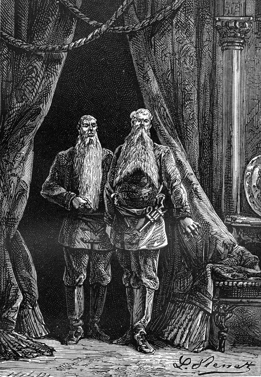 Leon Benett rajza Jules Verne "A Begum 500 milliója" című könyvéből - Hetzel/Extraordinary Voyages 1879-es kiadás. Arminius és Sigimer megjelenése, két impozáns szakállas. alkotó: Léon Benett