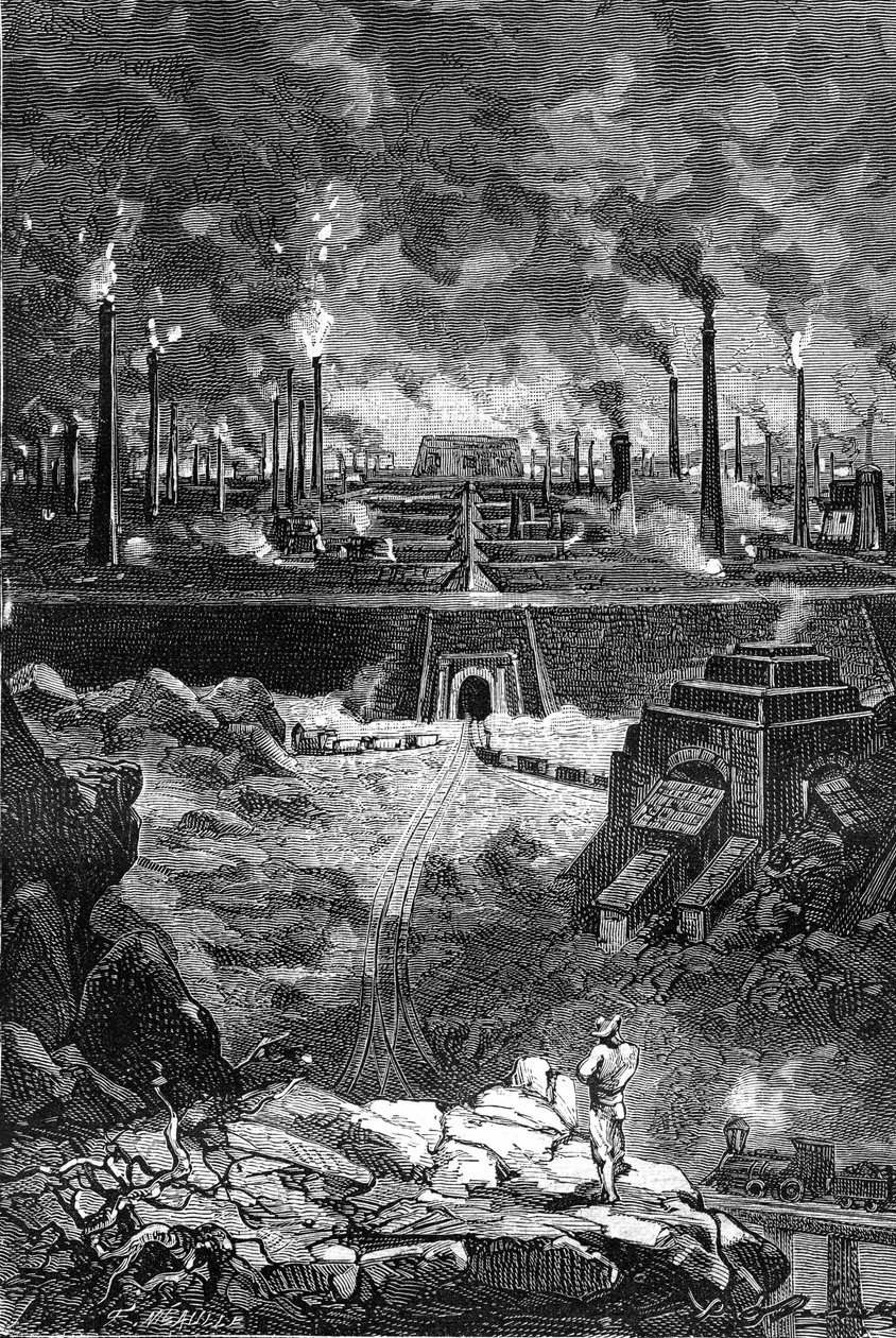 Leon Benett rajza Jules Verne "A Begum 500 milliója" című könyvéből - Hetzel/Extraordinary Voyages 1879-es kiadás. Az "Acélváros" látképe, gyárak (kohók - acélöntödék) gigantikus halmaza. alkotó: Léon Benett