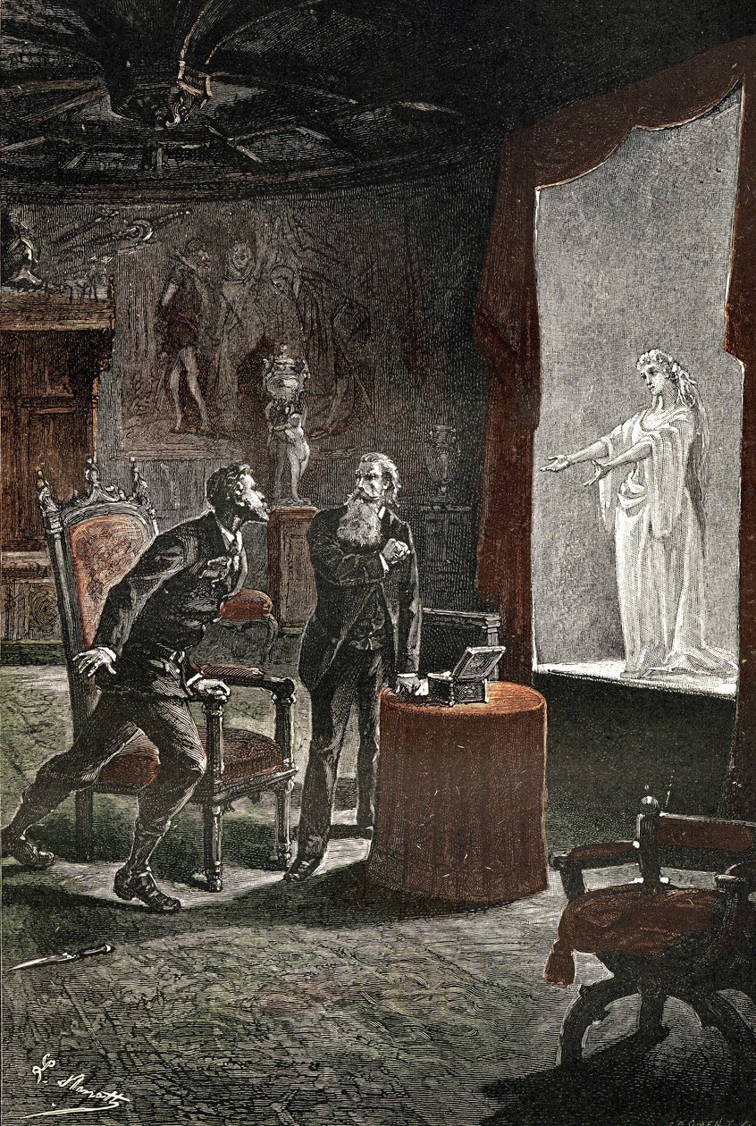 Jules Verne "Le chateau des Carpathes" című, 1884 és 1889 között írt, 1892-ben megjelent regényének illusztrációja, Hetzel/Voyages extraordinaire kiadás, Leon Benett rajza. La Stilla, egy kései énekesnő, Franz de Telek művében jelent meg, a tervezett eszkö alkotó: Léon Benett