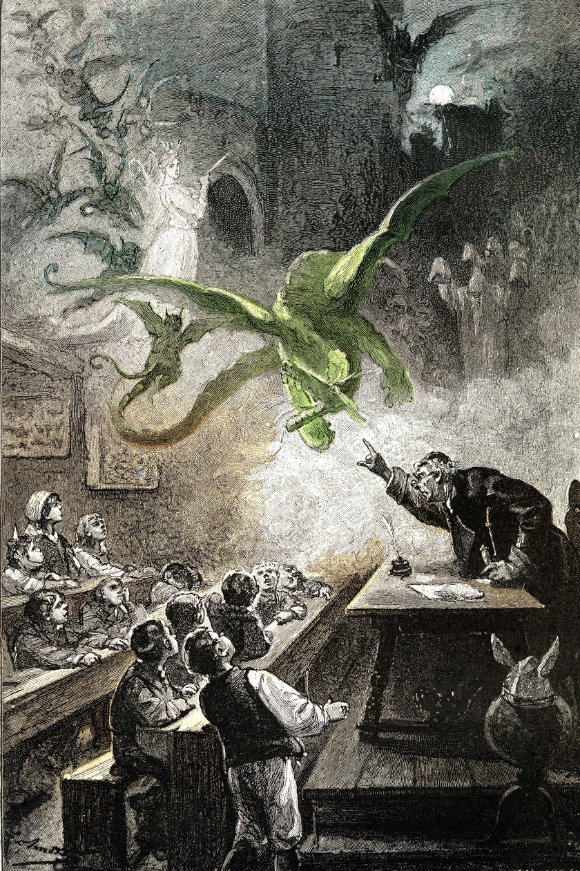 Jules Verne "Le chateau des Carpathes" című regényének illusztrációja, edition Hetzel/Voyages extraordinaire 1892, Leon Benett rajza. A mágus Hermod megidézi a kastélyt sárkányokkal, díjakkal, démonokkal, kísértetekkel, bosszúállókkal... alkotó: Léon Benett