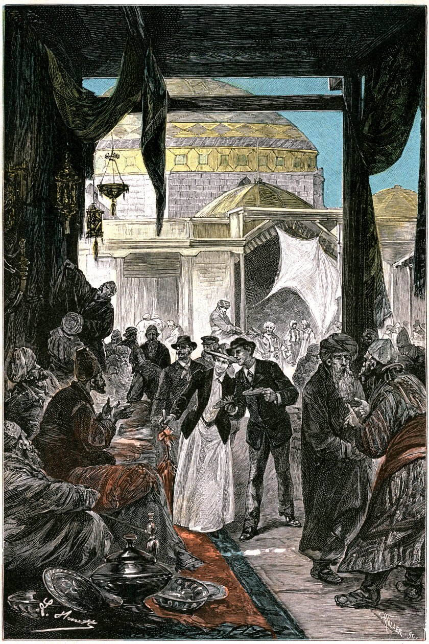 Samarkande (ma Samarkand vagy Samarqand Üzbegisztánban) bazárja, illusztráció Jules Verne "Claudius Bombarnac" című regényéhez, Hetzel kiadás 1892 - Leon Benett (Hippolyte Leon Benet) rajza alkotó: Léon Benett